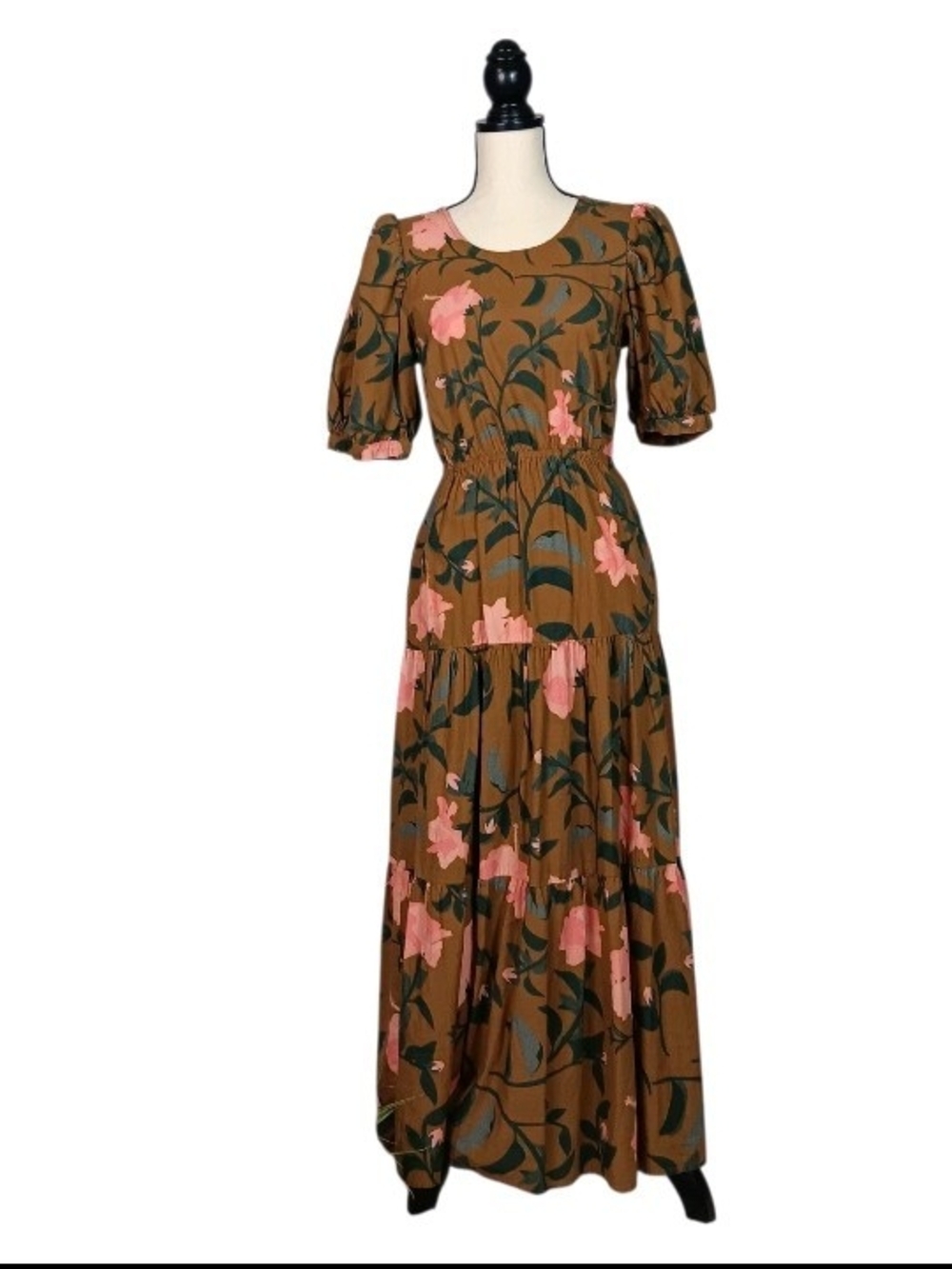 Conditions Apply Open Back Brown Floral Tiered Maxi Dress with Puff Sleeves